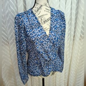 Express Blue and Black Patterned Peplum Blouse